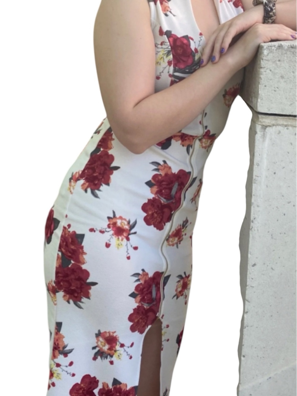 Almoust Famous Floral Zip-Front White & Red Bodycon Dress Women's size L ,,/L335